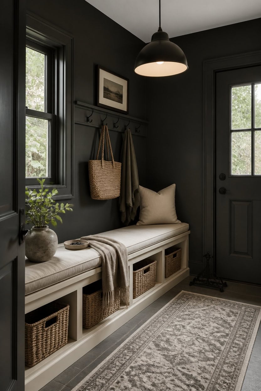 charcoal mudroom with accents