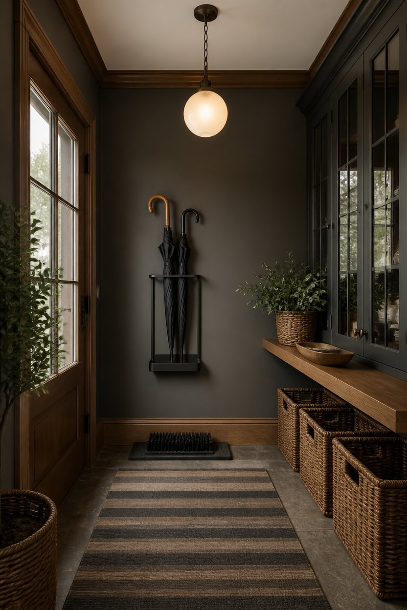 charcoal walls warm wood