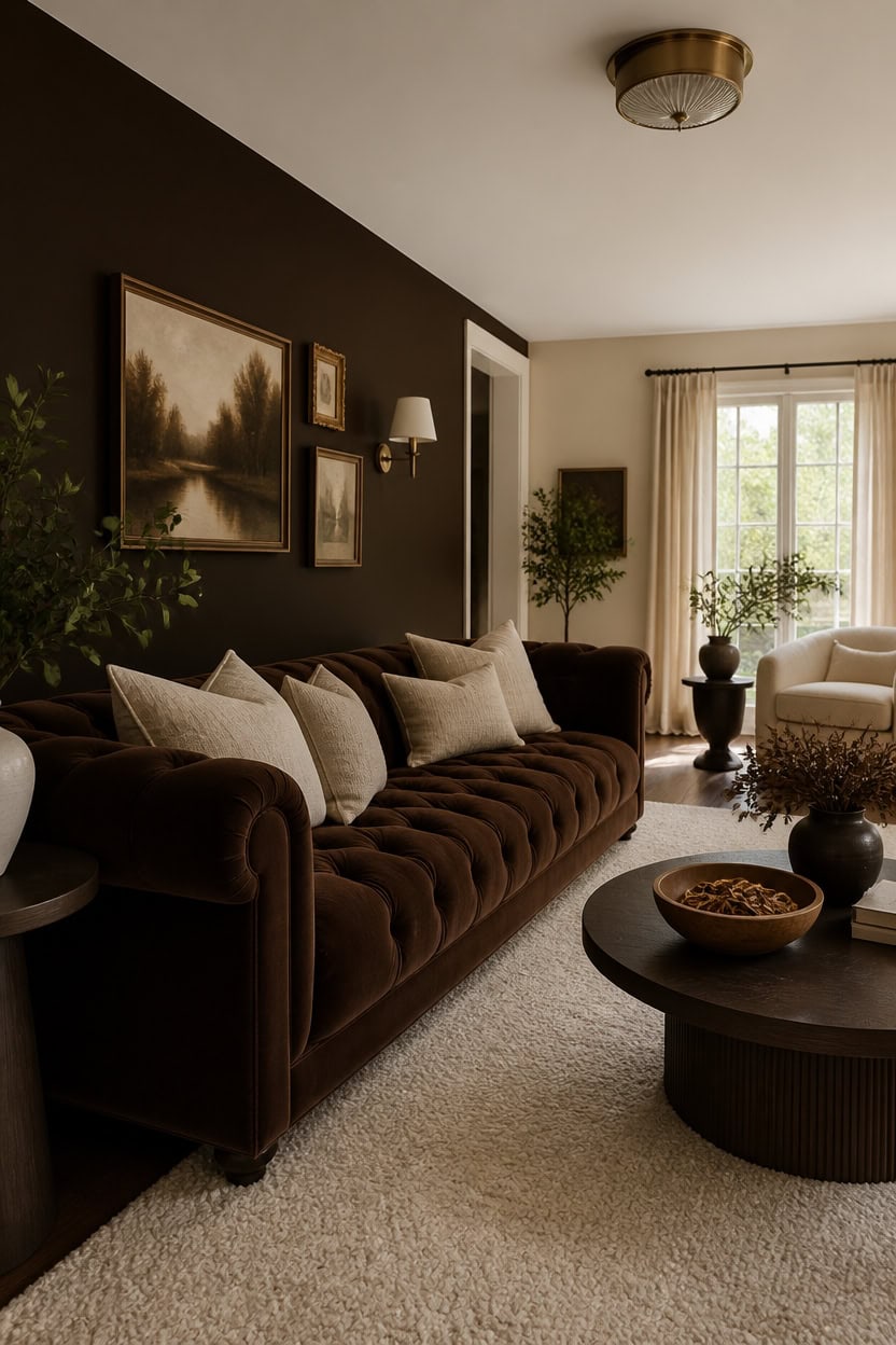 chocolate velvet sofa centerpiece