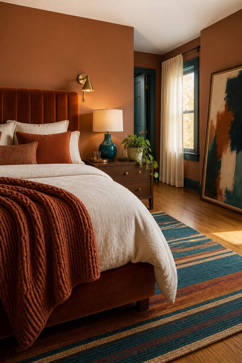 Comfortable bedroom with rust-colored walls, plush bedding, and natural light.