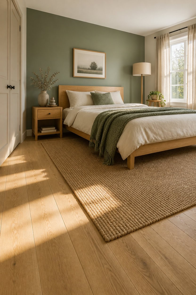 Bright bedroom with green accent wall, large window, and modern decor.