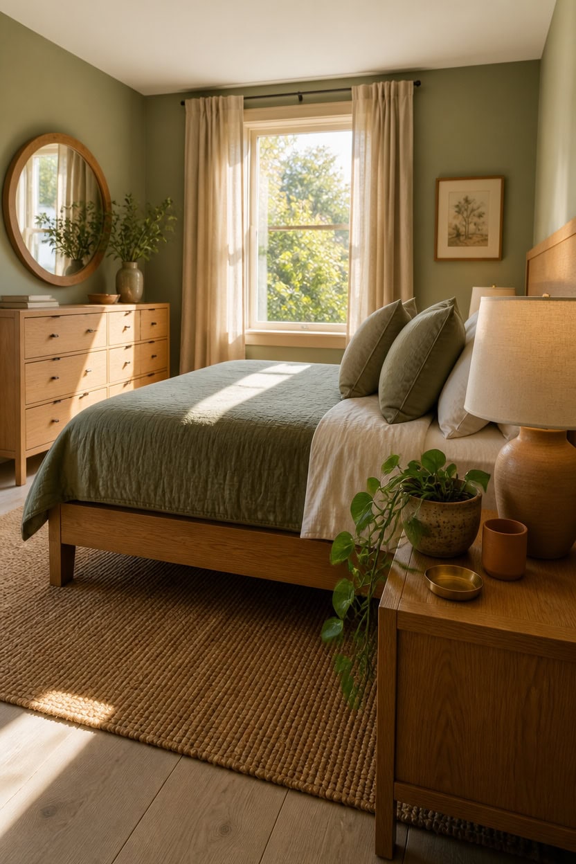 Bright bedroom with large window, green walls, and modern decor at Apartment ABC.