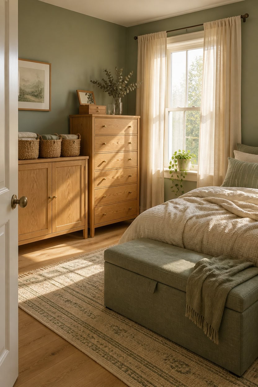 Bright bedroom with wooden furniture, green walls, and sunlight through curtains.
