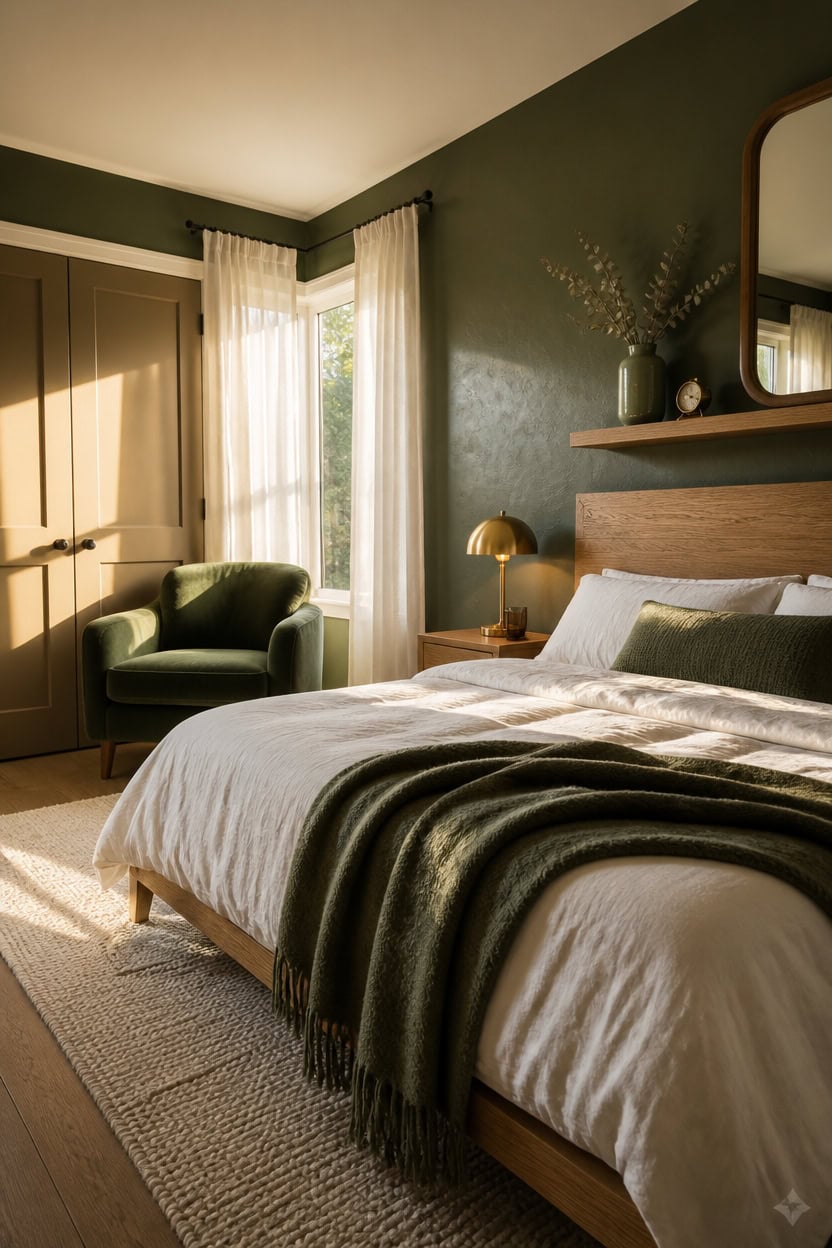 Bright bedroom with green accent wall, large window, and modern decor.