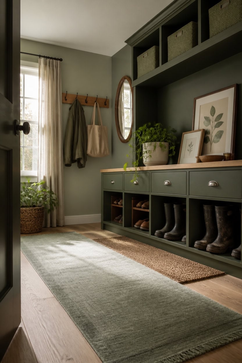 Inviting apartment entryway with storage, plants, and decorative art.
