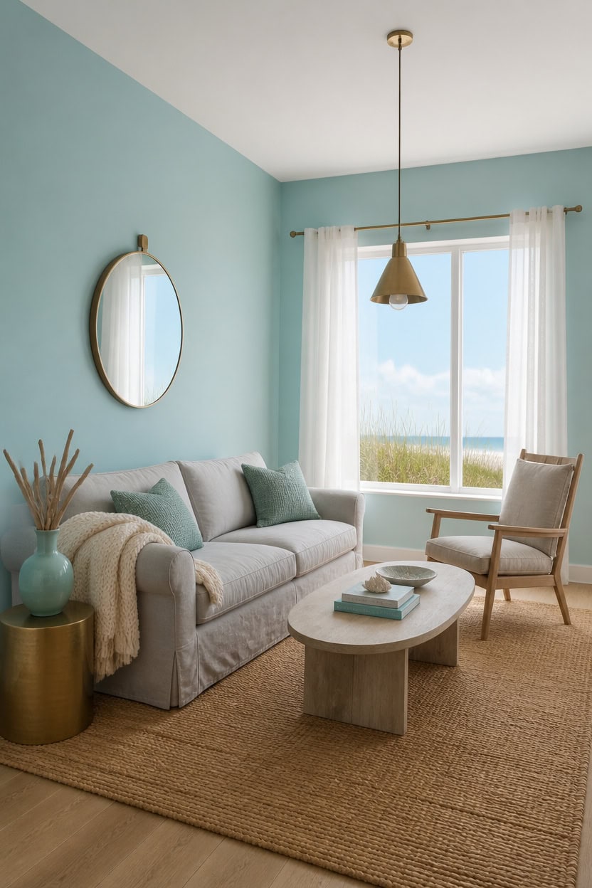 Bright living room with ocean view, light blue walls, and modern decor.