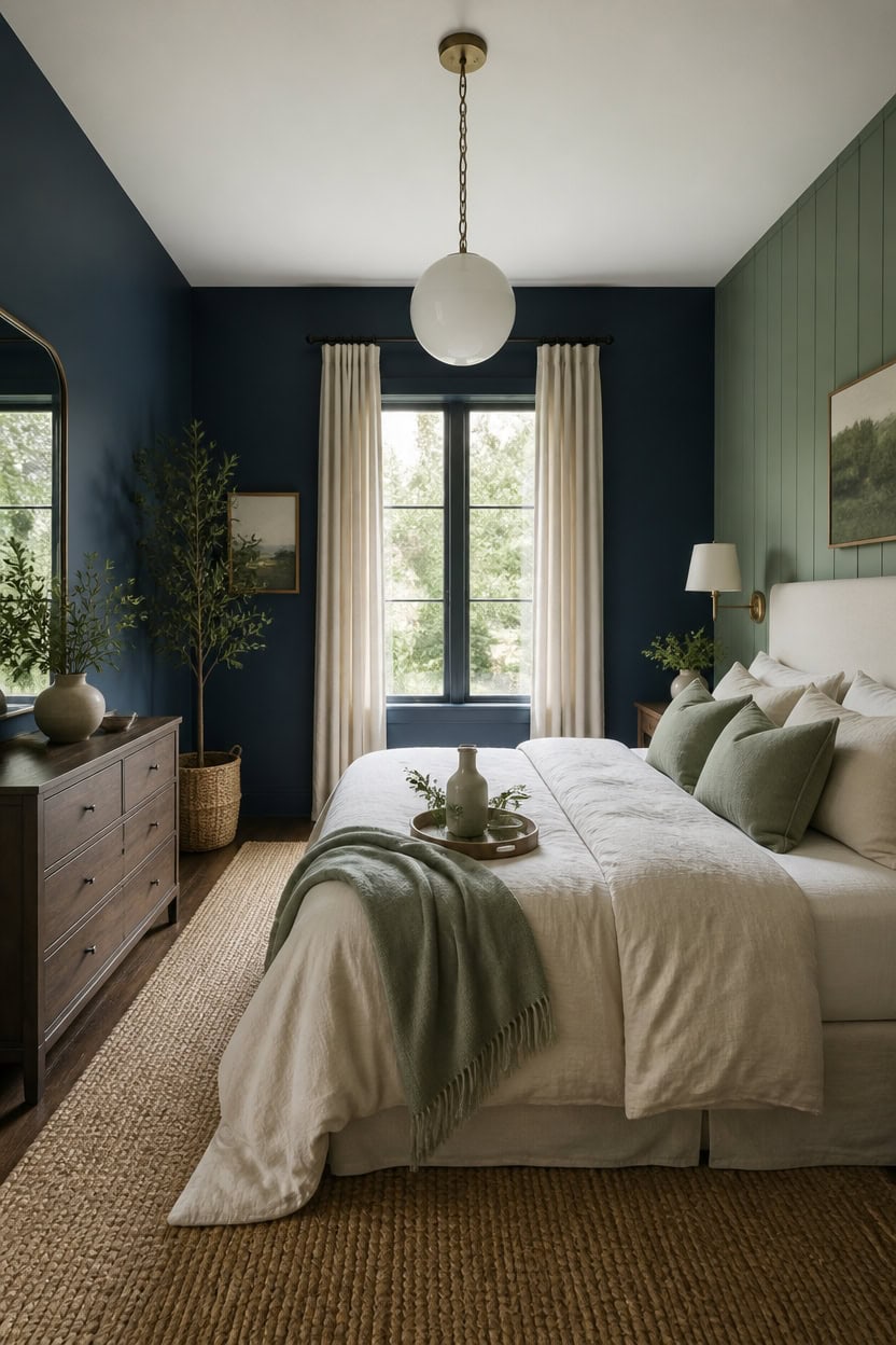 cocooned blue green bedroom vignette