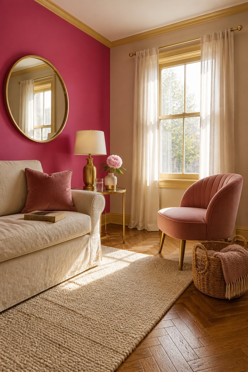 Bright living room with pink wall, beige sofa, pink chair, and natural light.