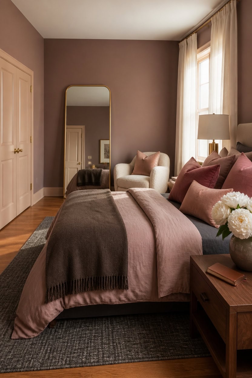 Comfortable bedroom with plush bedding, soft lighting, and elegant furniture.