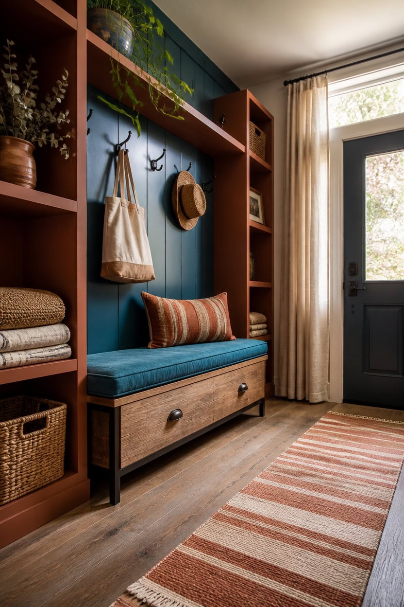 Stylish entryway with built-in shelves, bench, and decorative accents.
