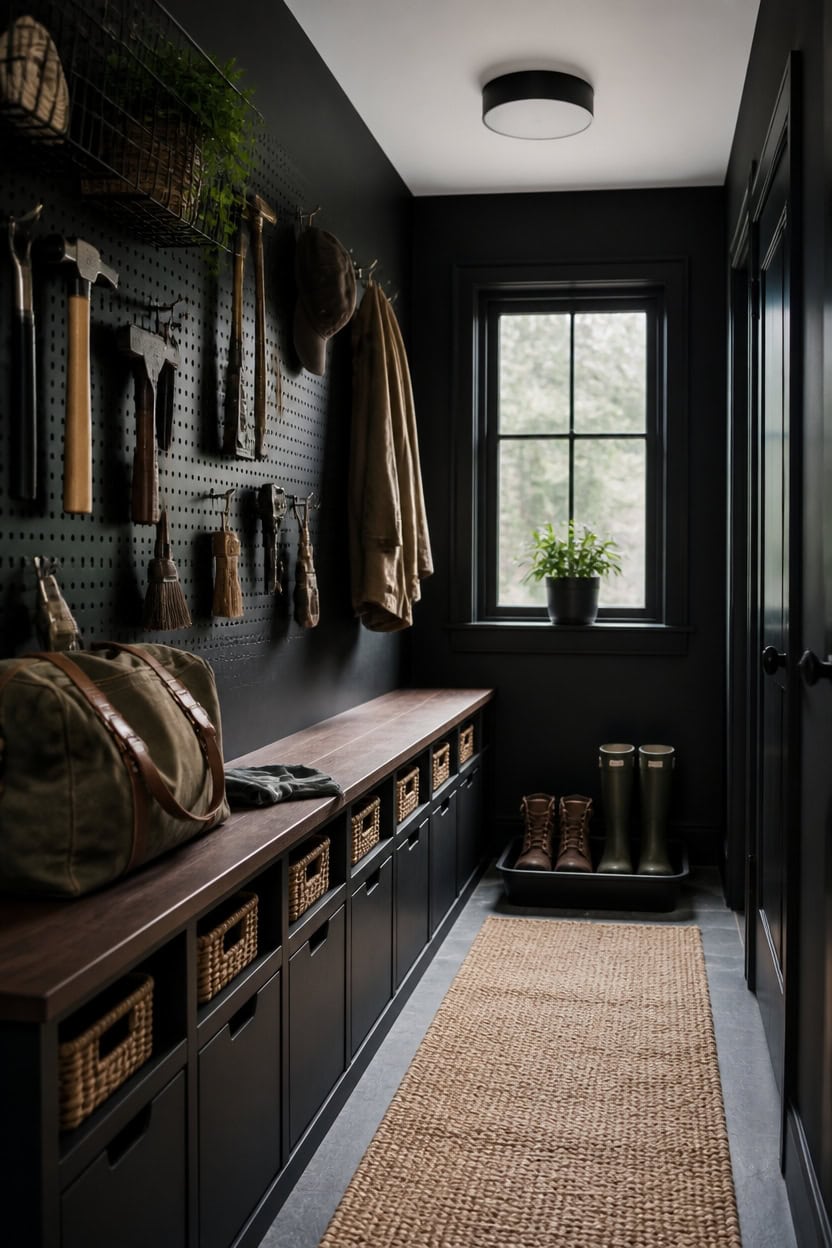 compact black workshop mudroom