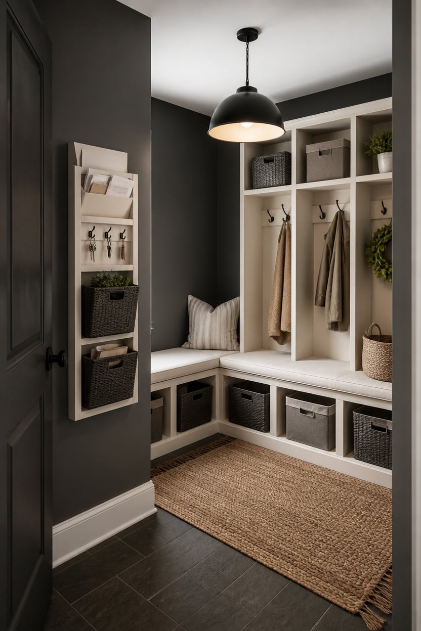 composed charcoal and cream mudroom