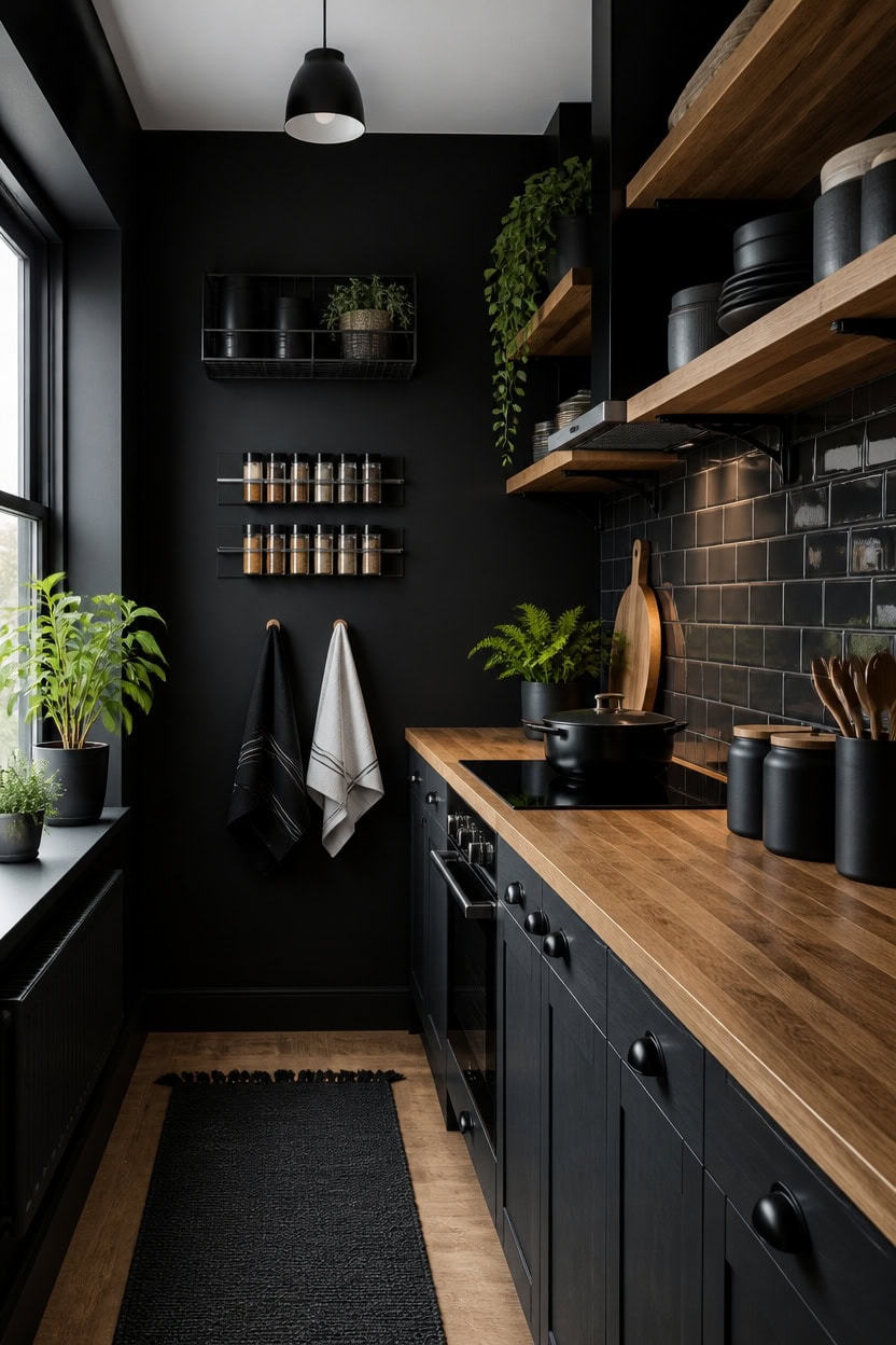 continuous deep black small kitchen