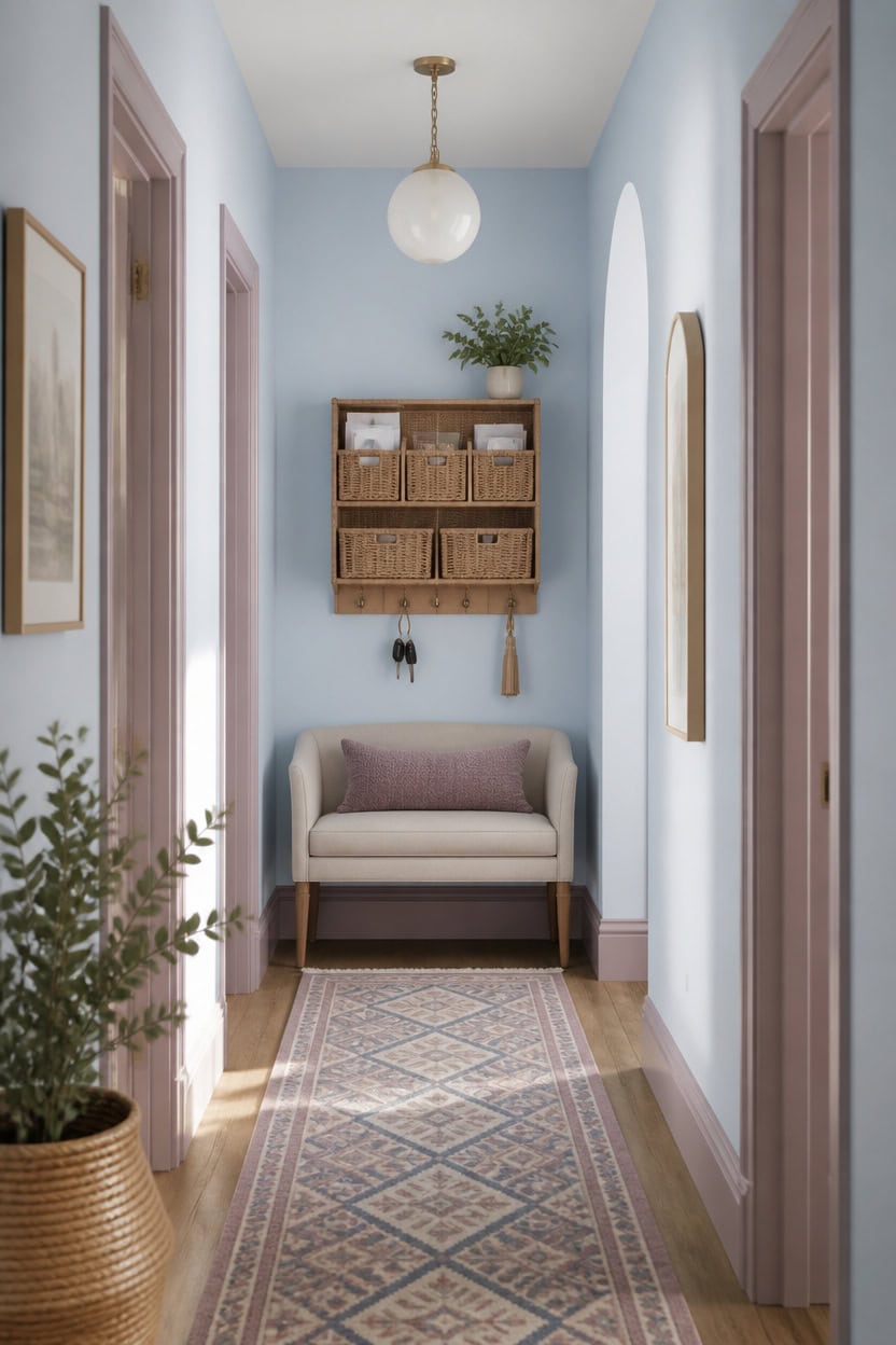 continuous mauve trimmed blue hallway