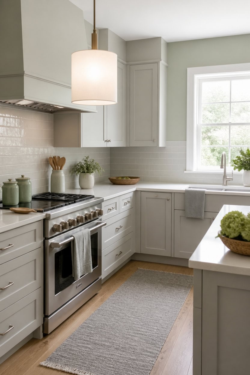 cool green gray kitchen warmth
