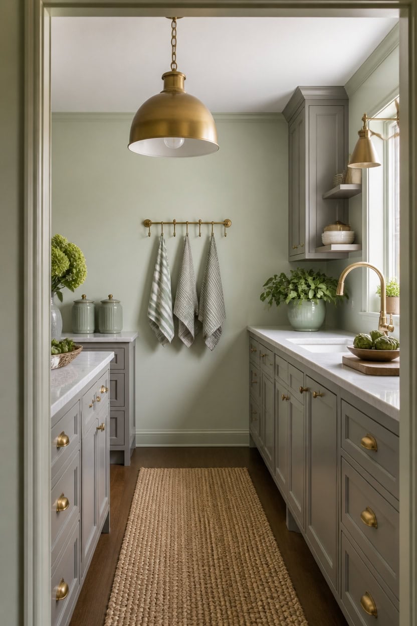 coordinated green and gray kitchen