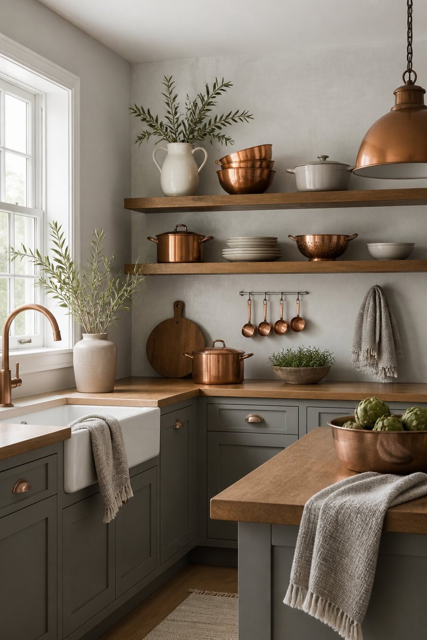 copper accented calm open shelves
