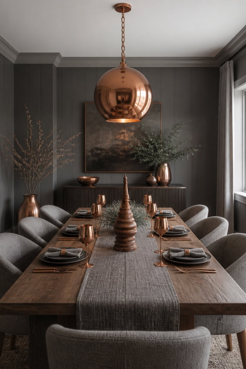 copper accented gray dining scene