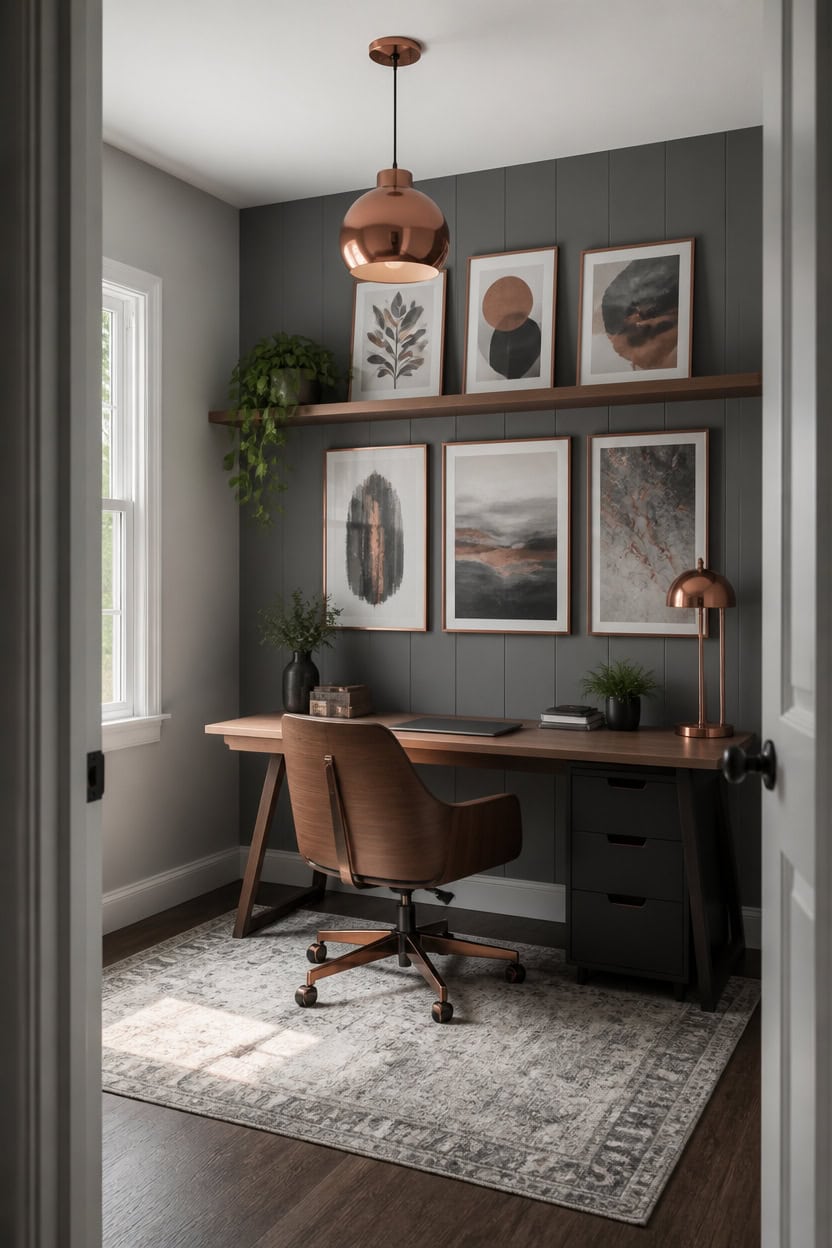 copper accented gray workspace decor