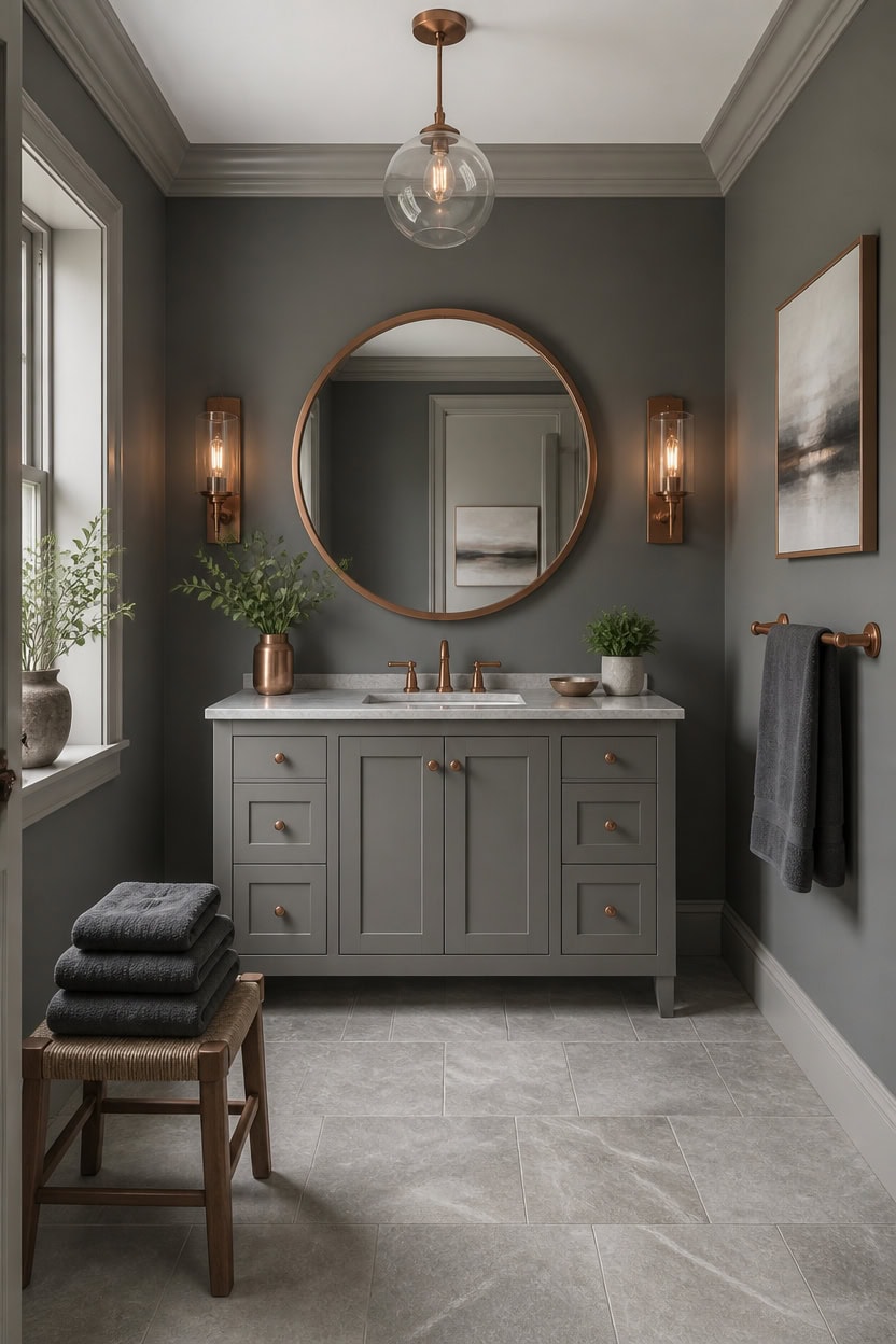 copper framed mirror calm gray