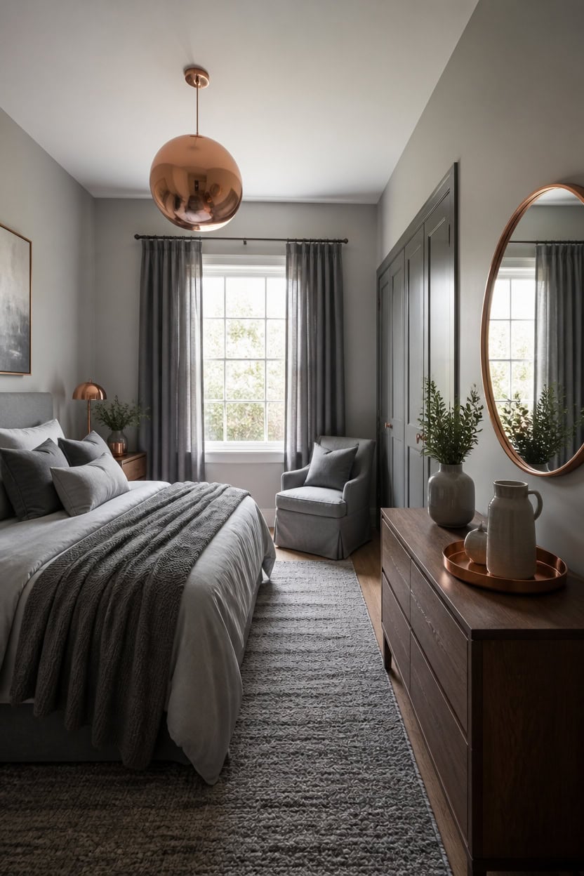 copper mirror brightens gray room