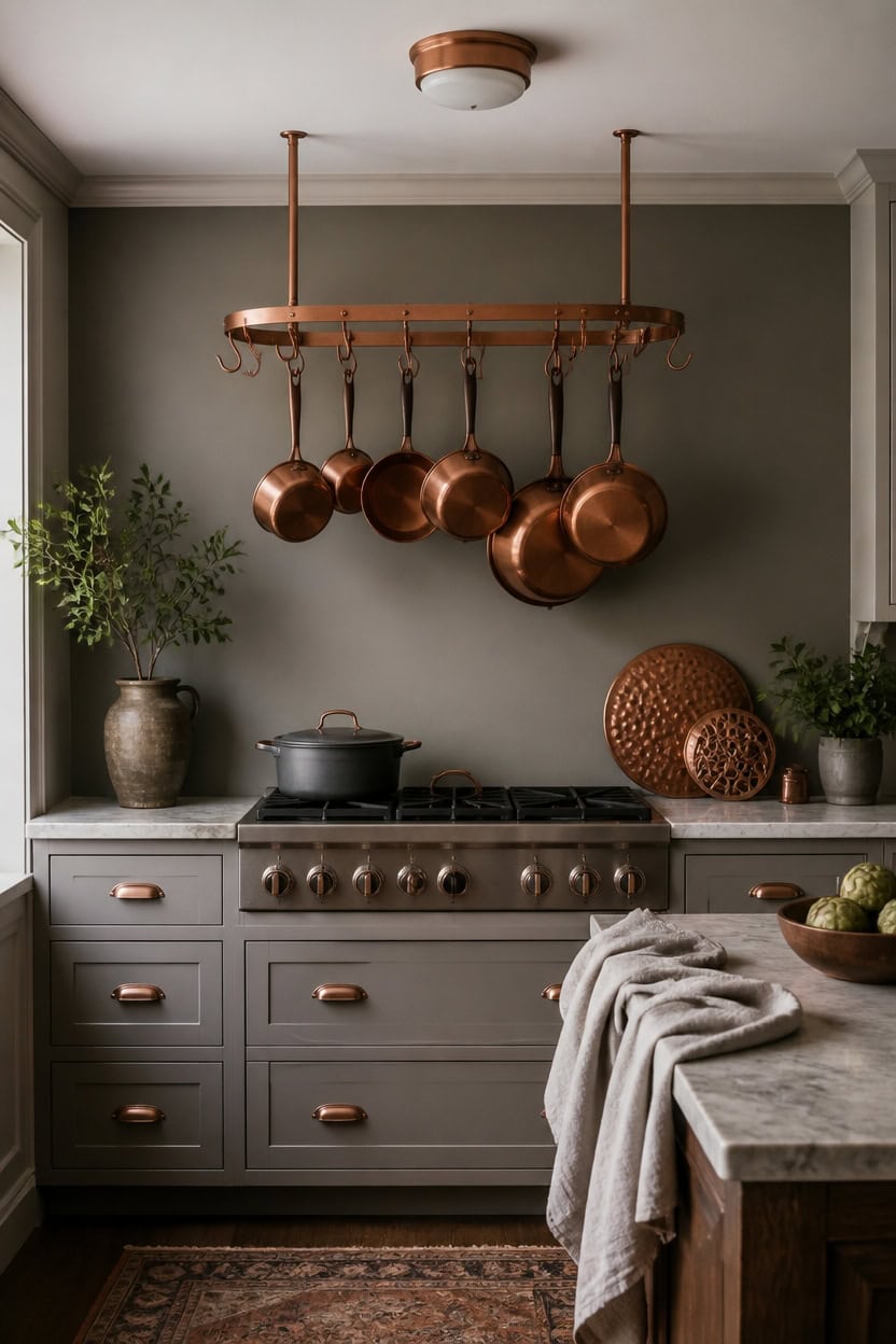 copper pots on gray wall