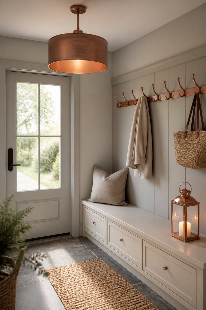 copper warmth brightens gray mudroom