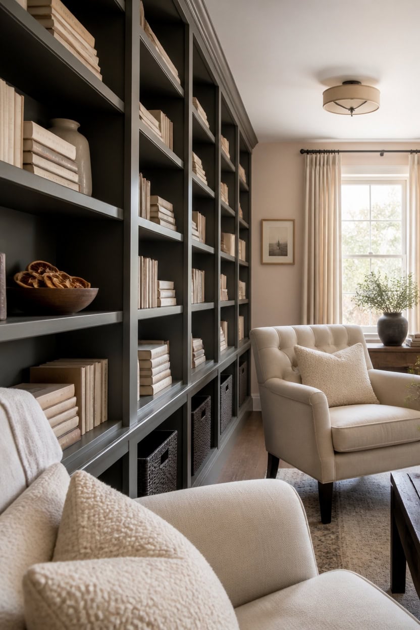 cozy crowded bookshelves styled