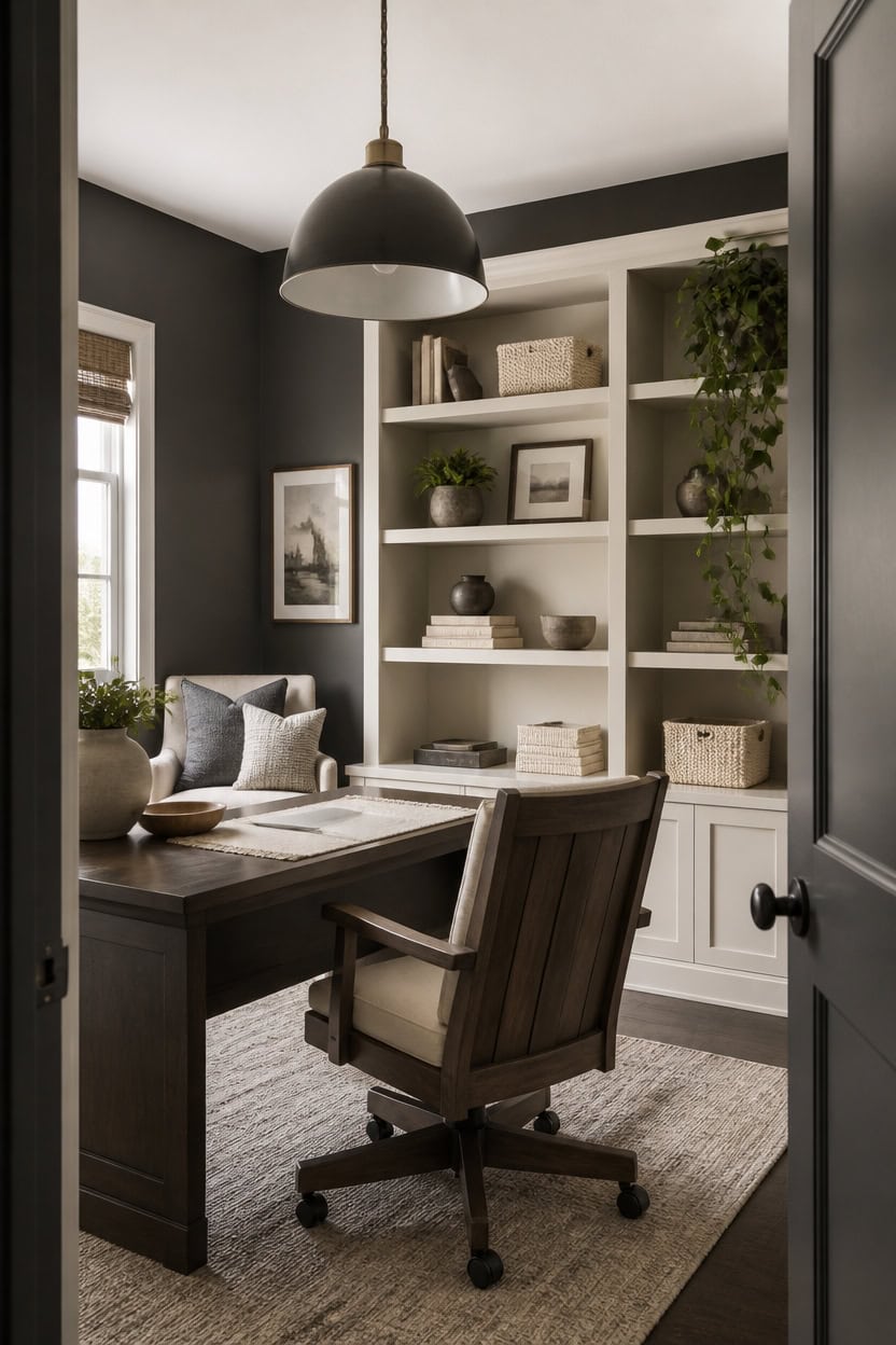 cream accented gray anchored shelves