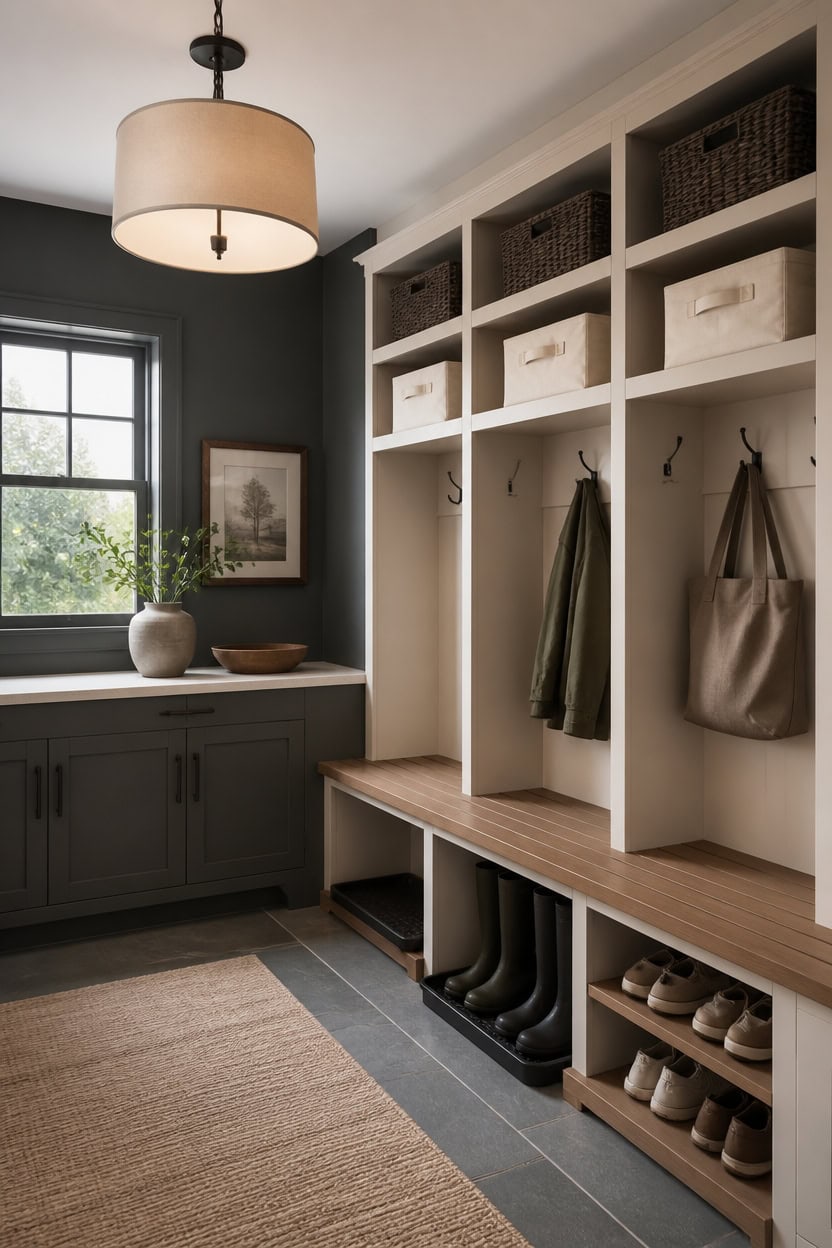 cream and charcoal mudroom harmony