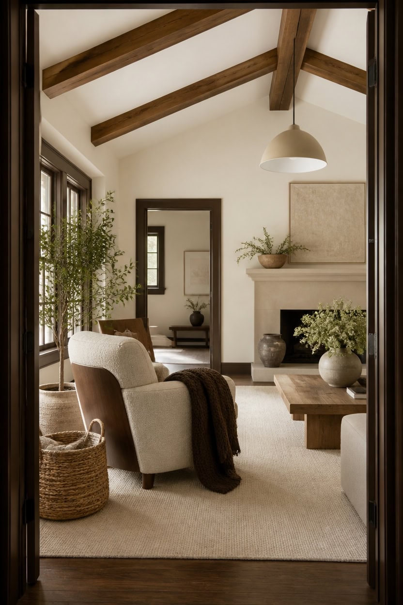 cream ceiling dark beams