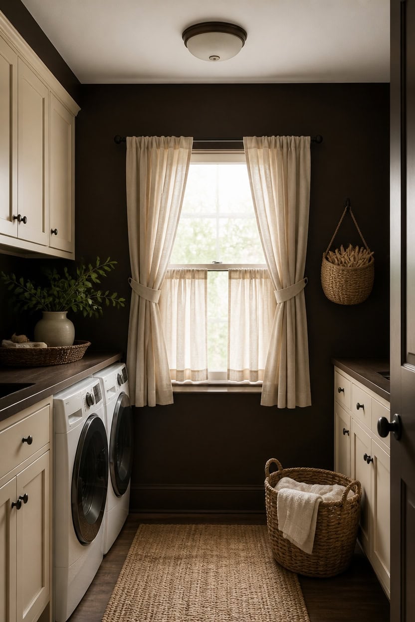 cream curtains soften dark brown