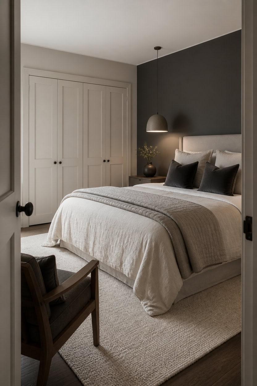 cream dominant bedroom with gray