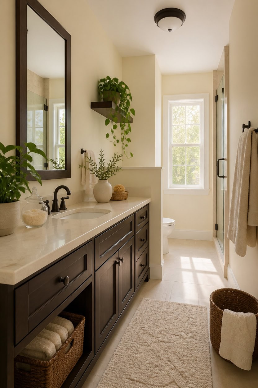 cream lit bathroom with plant