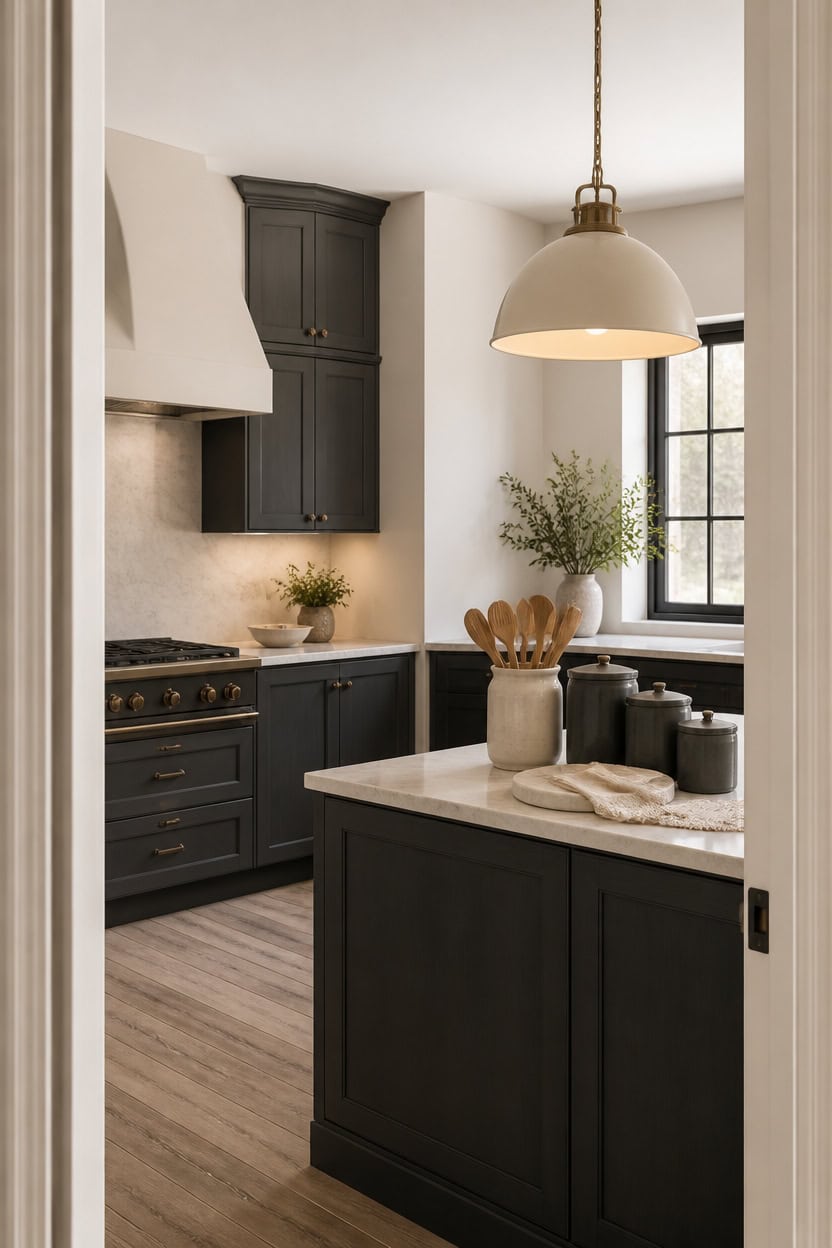 cream walls charcoal cabinets anchored