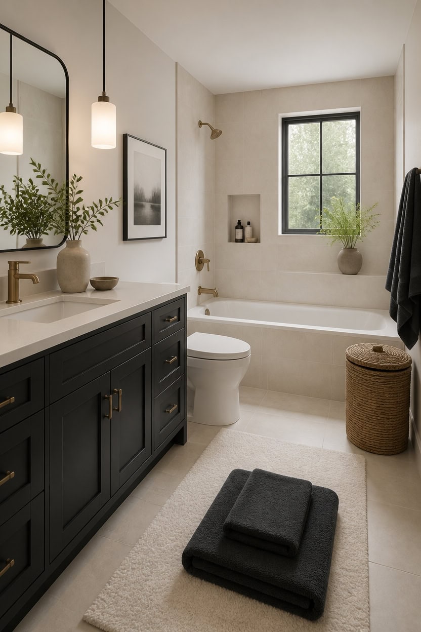 cream walls dark vanity hamper