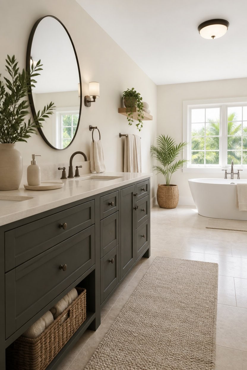 cream walls gray vanity greenery