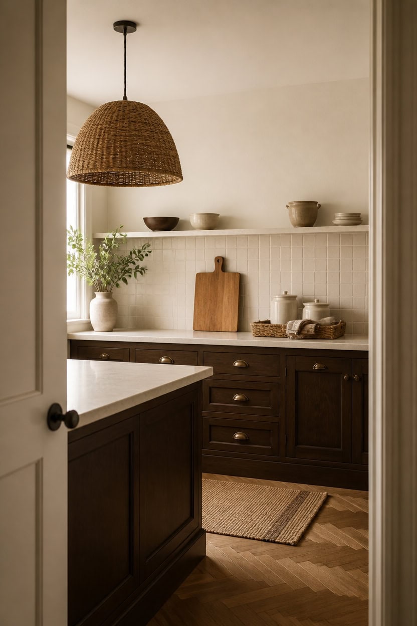 cream walls mink cabinets rustic cuttingboard