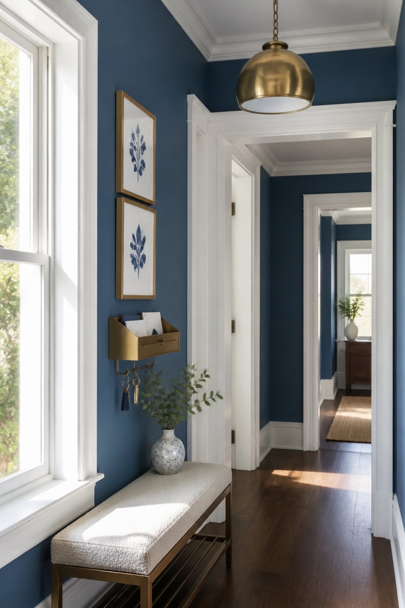 crisp blue walls brass tray