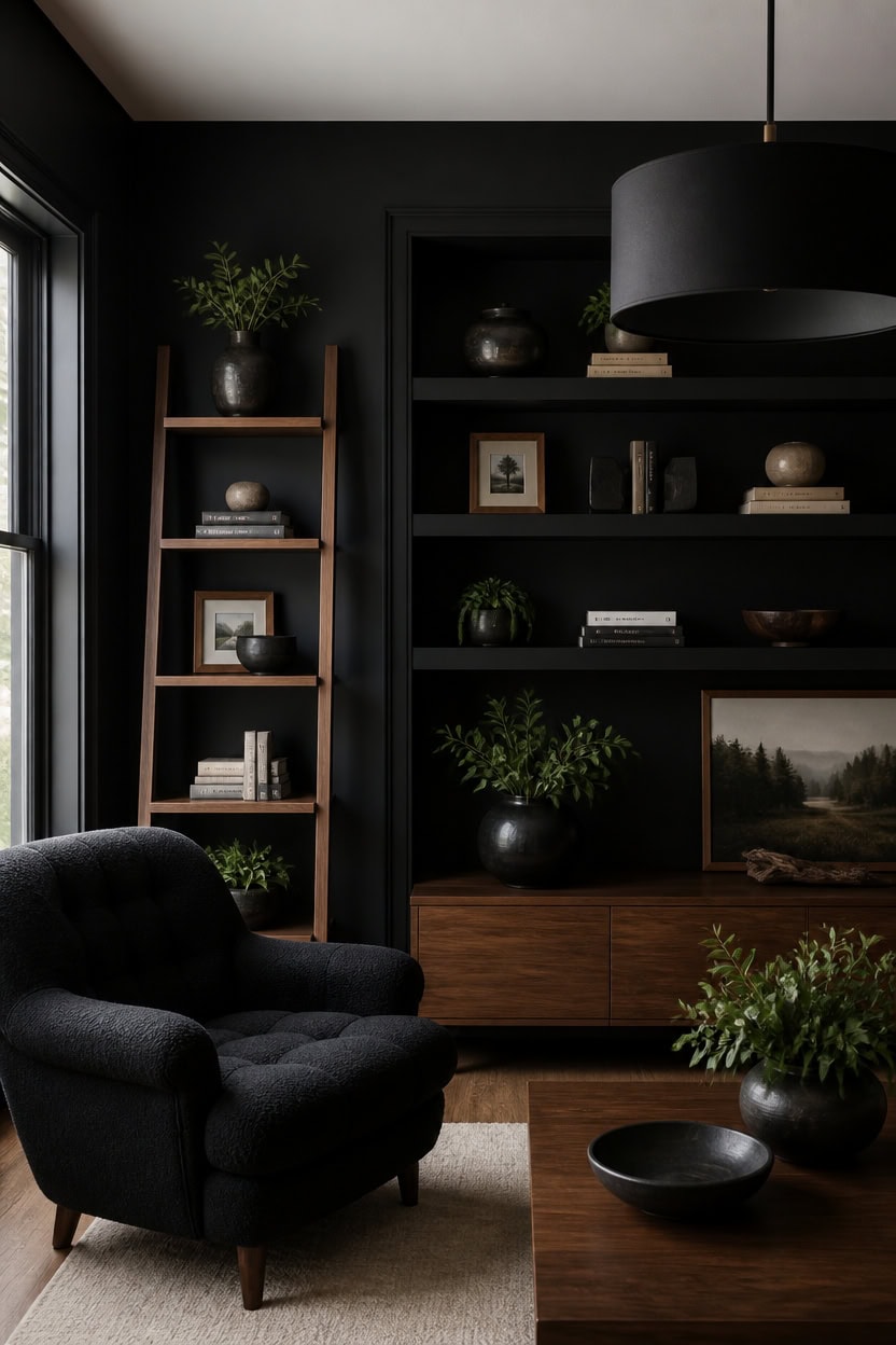 curated black backed open shelving