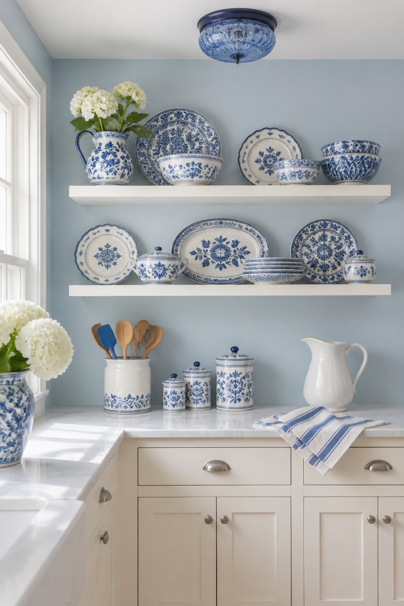curated blue and white kitchen display