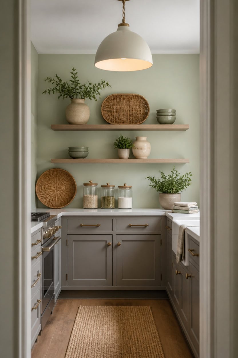 curated green and gray kitchen shelves