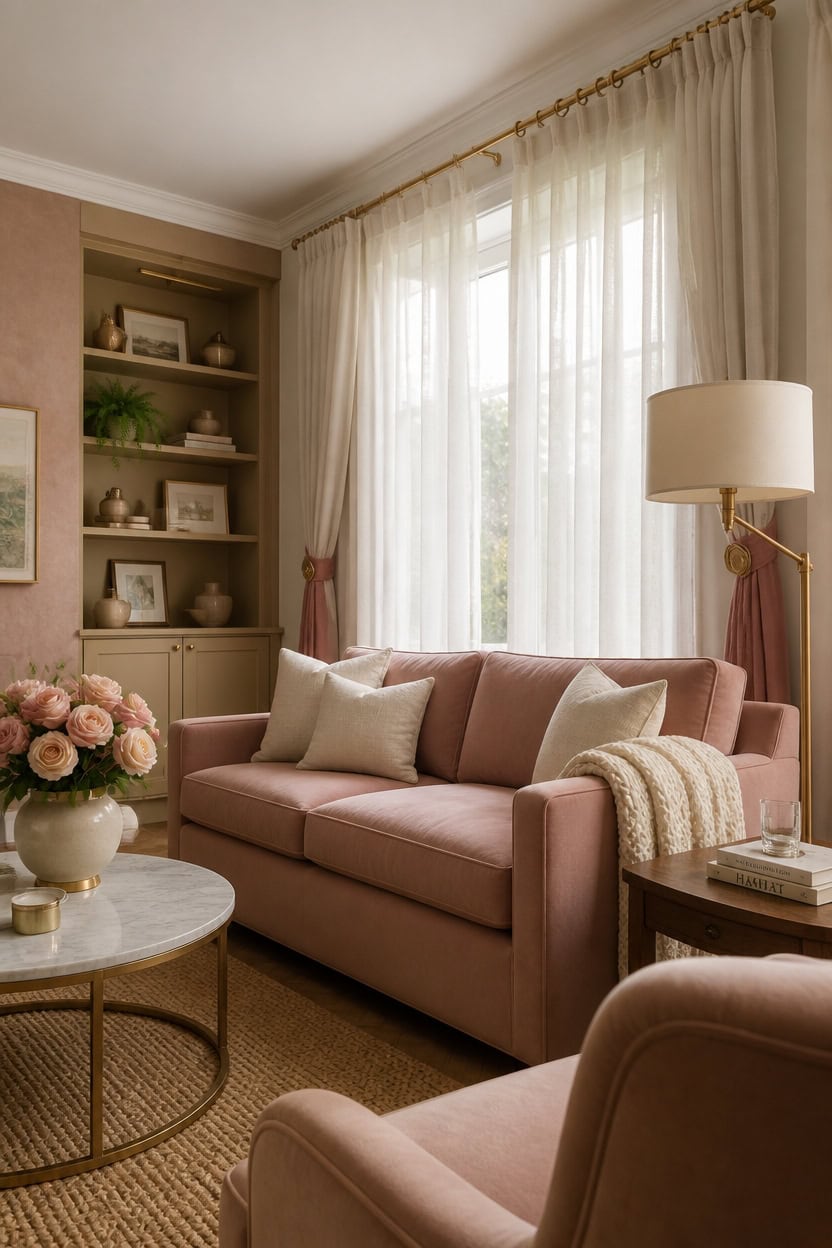Cozy living room with pink sofa, white curtains, and warm lighting.