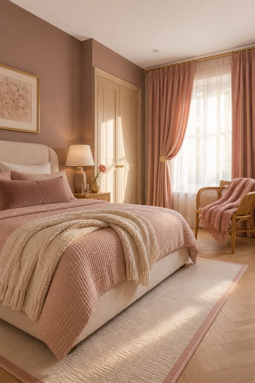 Elegant bedroom with pink curtains, bed, and cozy armchair.