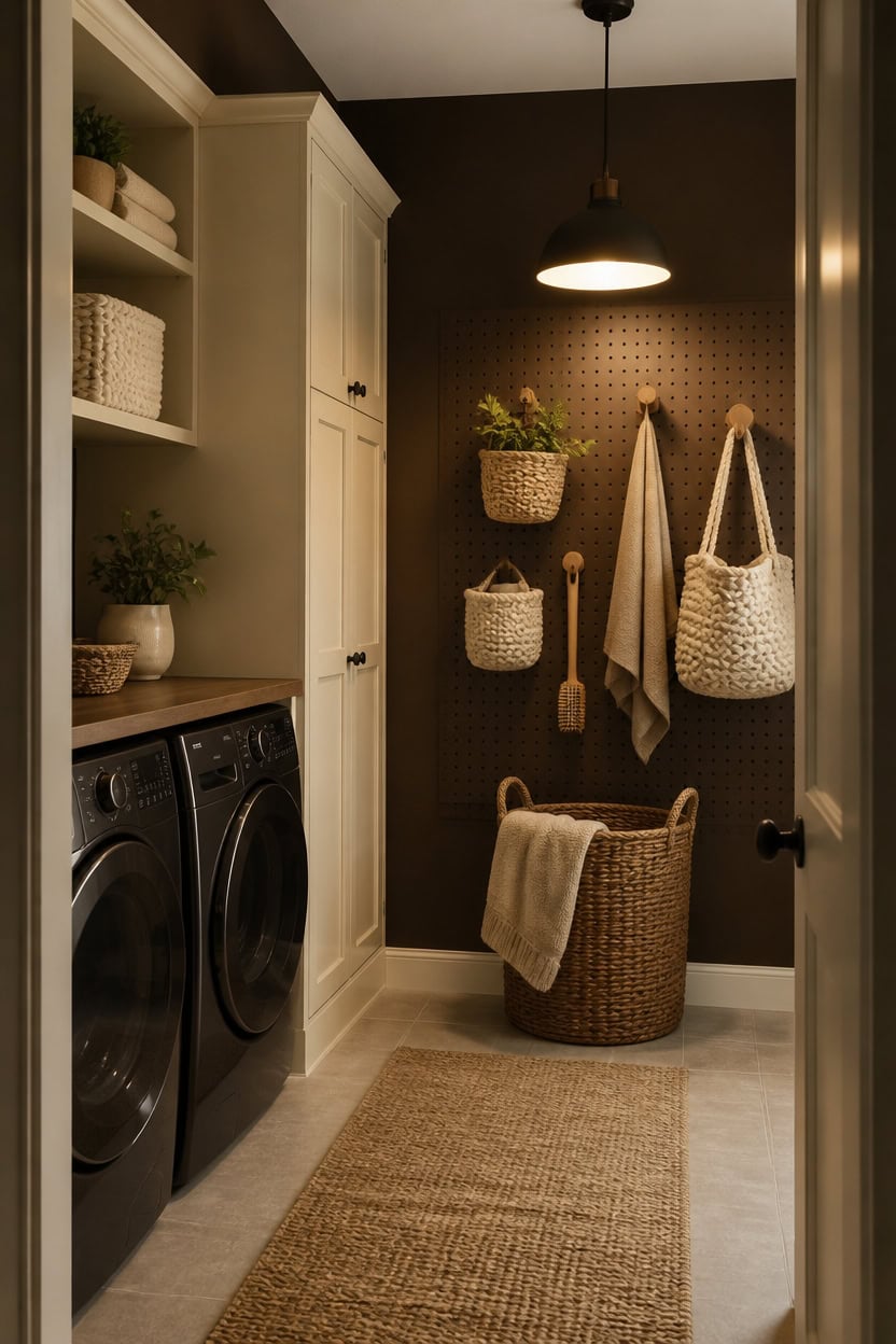 dark brown organized laundry nook