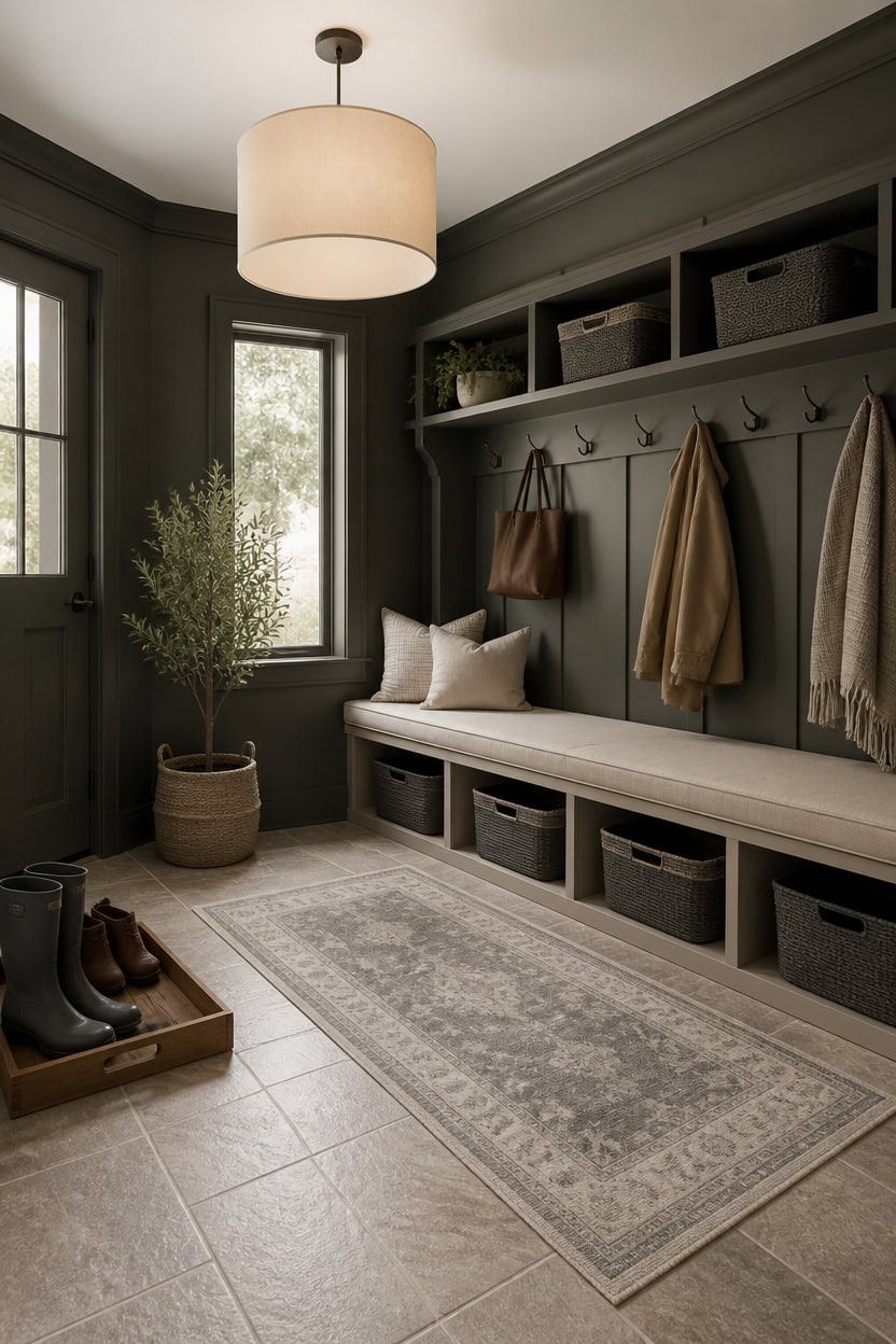 dark gray mudroom practical textures