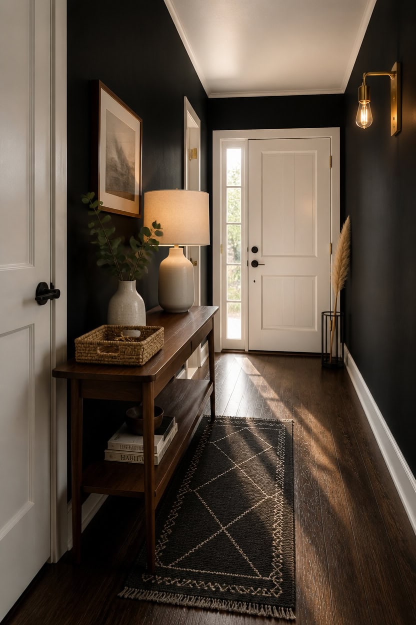 Chic entryway with dark walls, wooden console table, and decorative accents.