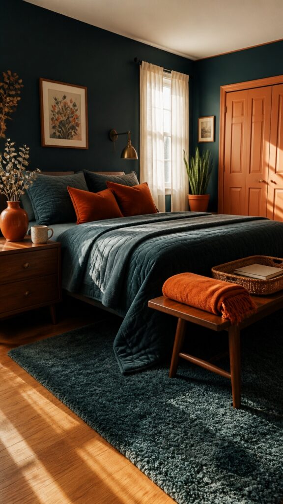 Deep Teal & Burnt Orange Bedrooms for Women Who Book the Flights