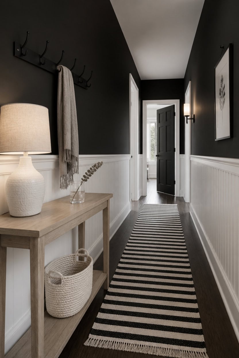 Stylish black and white hallway with striped rug and wall art.