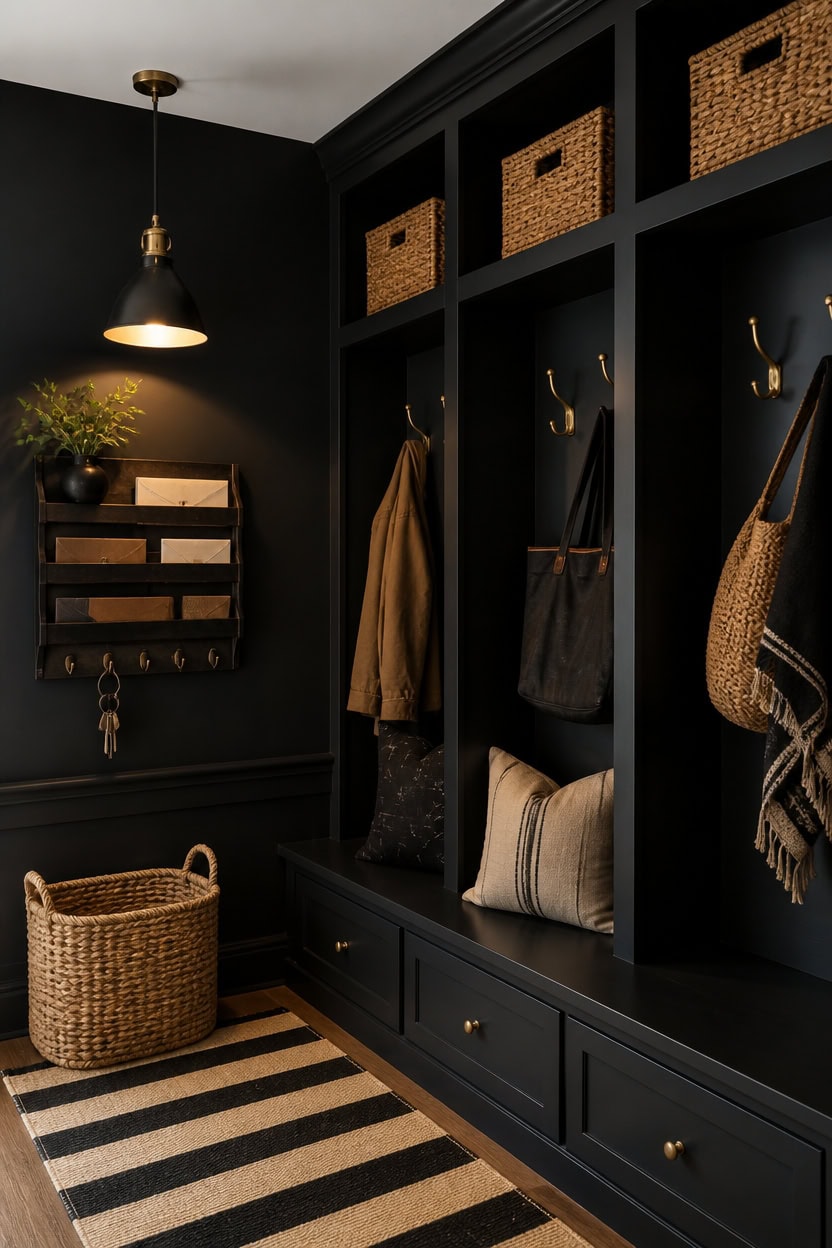 deep black mudroom styling